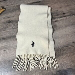 Vintage Polo Ralph Lauren 100% Lambswool Fringe Scarf 7"x50" Ivory